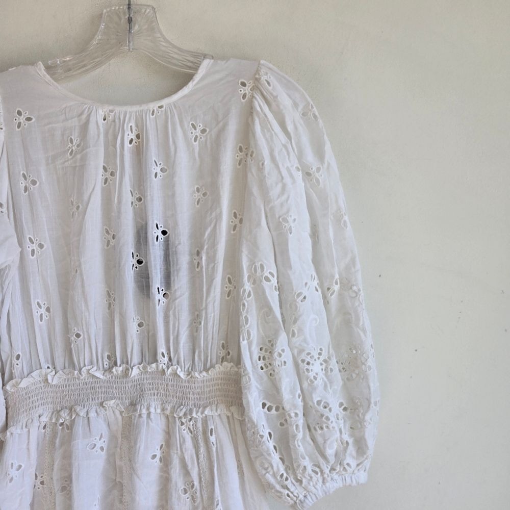 ByTiMo XS Dress Cotton Slub Eyelet Lace See Through Flower White Mini Dress - Picture 3 of 11
